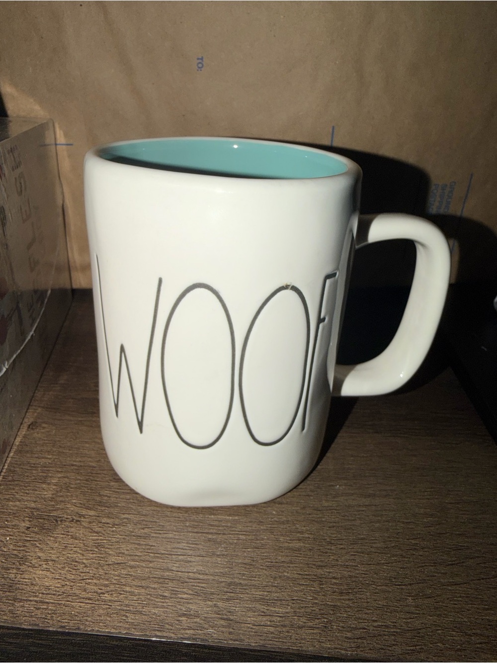 Rae Dunn WOOF Coffee Mug Turquoise Blue Interior Dog Lover Artisan Collection